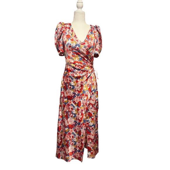 FLORET STUDIOS Floral Satin Faux Wrap Midi Dress in Blue-Red Floral Size Small - Picture 1 of 6
